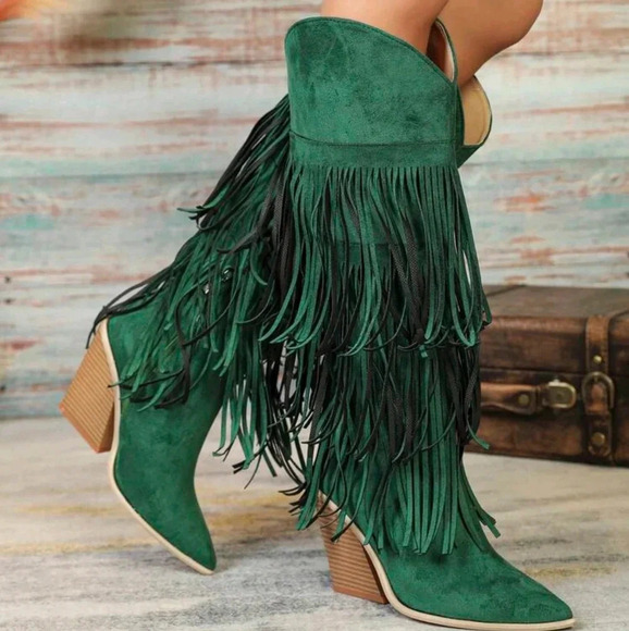 Shoes - Green Knee-High Geometric Fringed Comfortable Faux Suede Thick Heel Boots,